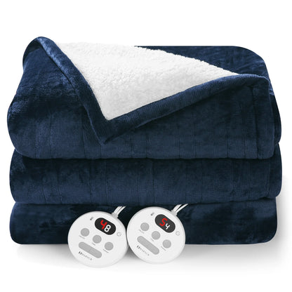 MARNUR Electric Heated Blanket King Size 90''x100'', Fast Heating with Dual Controllers, 10 Heating Levels, 10H Timers, Preheat Function Machine Washable - Dark Blue