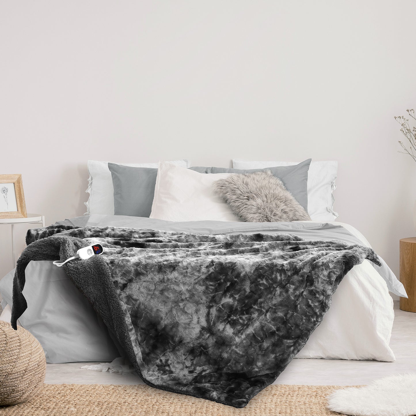 MARNUR Electric Throw Blanket 50" x 60", Soft Faux Fur Heated Blanket with Large LED Display, 6 Heating Levels, 4 Hours Timer, Machine Washable - Tie-dye Gray