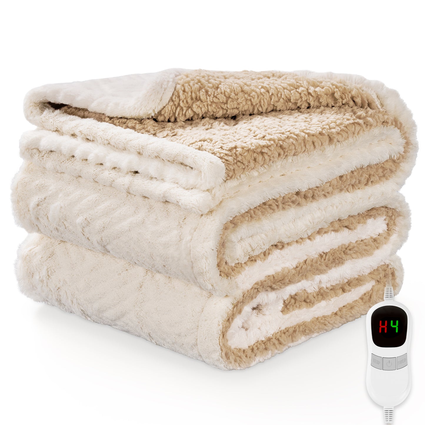 MARNUR Heated Throw Blanket 50"x72" Jacquard Faux Fur & Sherpa Electric Throw Blanket with 10 Heat Levels, 4H Timer Machine Washable, White
