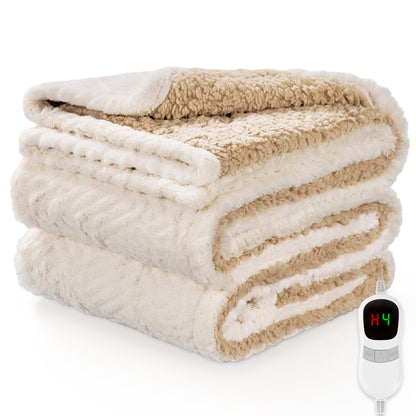 MARNUR Heated Throw Blanket 50"x72" Jacquard Faux Fur & Sherpa Electric Throw Blanket with 10 Heat Levels, 4H Timer Machine Washable, White