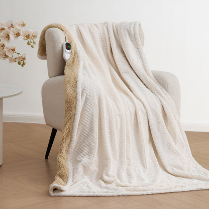 MARNUR Heated Throw Blanket 50"x72" Jacquard Faux Fur & Sherpa Electric Throw Blanket with 10 Heat Levels, 4H Timer Machine Washable, White