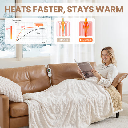 MARNUR Heated Throw Blanket 50"x72" Jacquard Faux Fur & Sherpa Electric Throw Blanket with 10 Heat Levels, 4H Timer Machine Washable, White