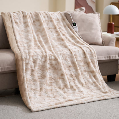 MARNUR Electric Blanket Heated Throw Extra Large Size 50"x72", Soft Faux Fur Heated Blanket with 10 Heating Levels, 4 Hours Timer, ETL Certification, Khaki