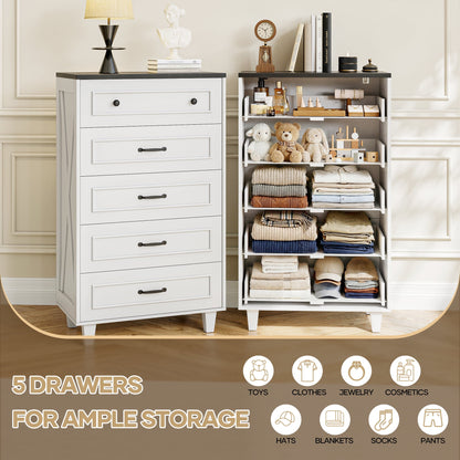 MARNUR 5 Drawer Dresser for Bedroom, Classic Farmhouse Tall Chest of Drawers, Storage Cabinet for Living Room Entryway, White & Black