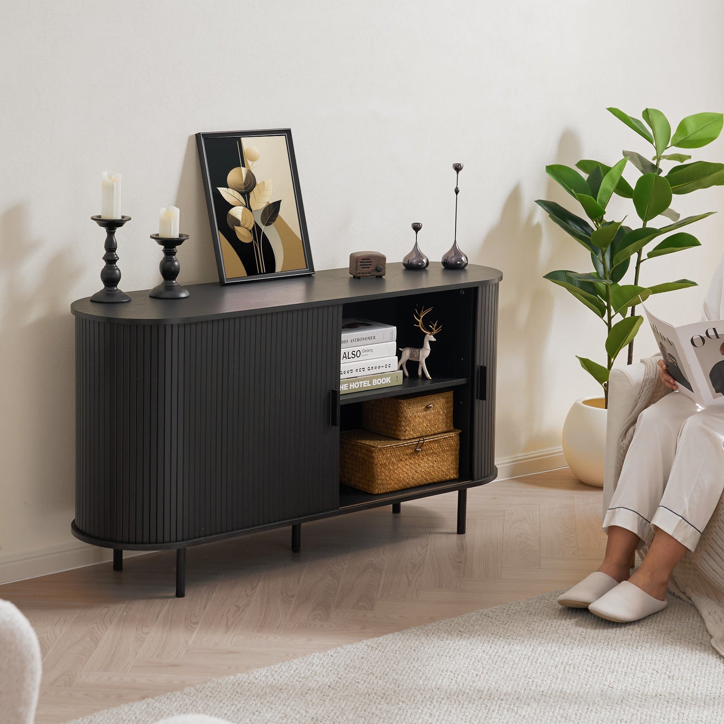 MARNUR Sideboard Buffet Cabinet 55" Storage Cabinet with 2 Sliding Tambour Doors, Adjustable Shelves for Kitchen Office Bedroom Hallway Entryway, Black