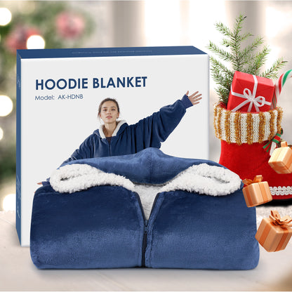 MARNUR Wearable Blanket Hoodie for Adults Women Men, Flannel and Shu Velvet, Dark Blue