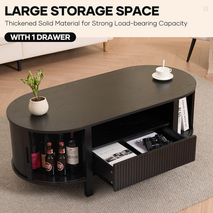MARNUR Fluted Coffee Table with Storage, Mid Century Modern Center with Sliding Tambour Door for Living Room, Black