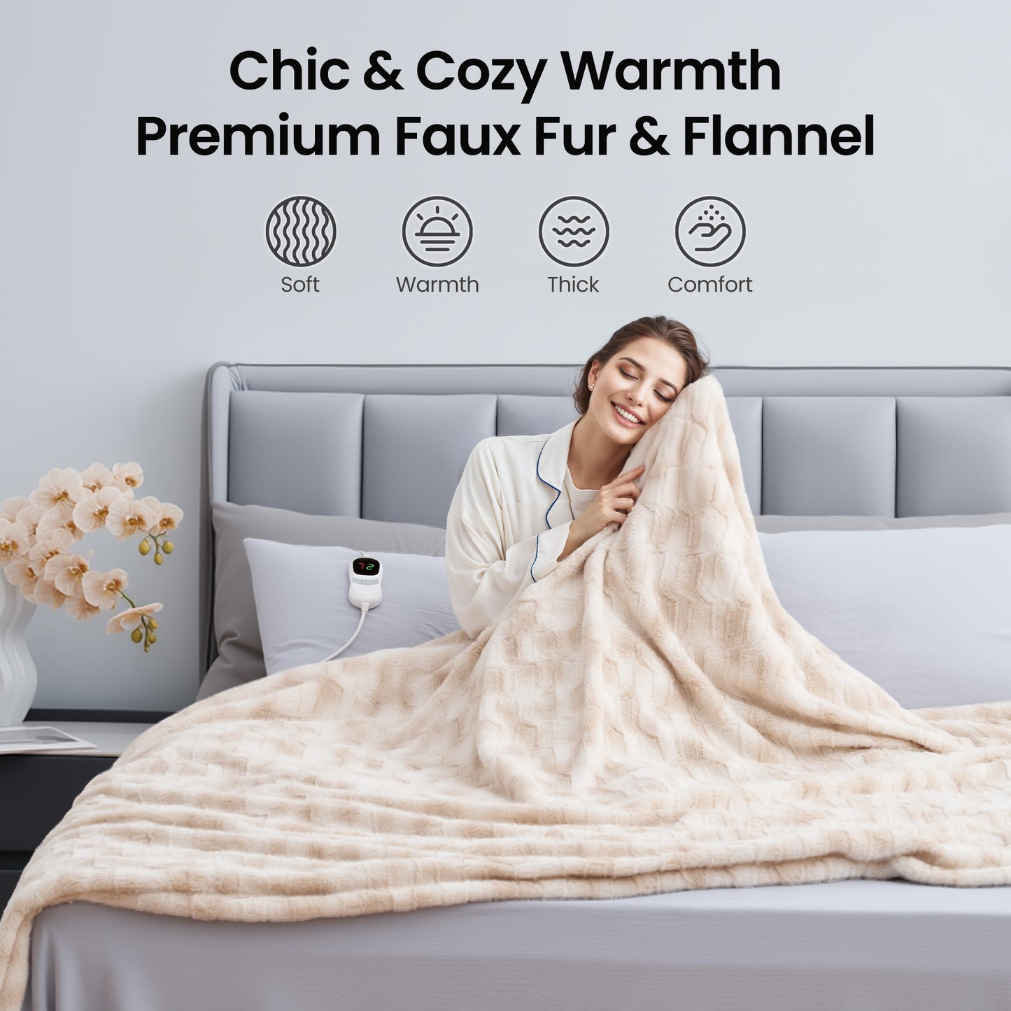 MARNUR Electric Heated Blanket Full Size, Faux Fur,10 Heating Levels, 10 Hours Timer, Machine Washable, 72"x84", Khaki