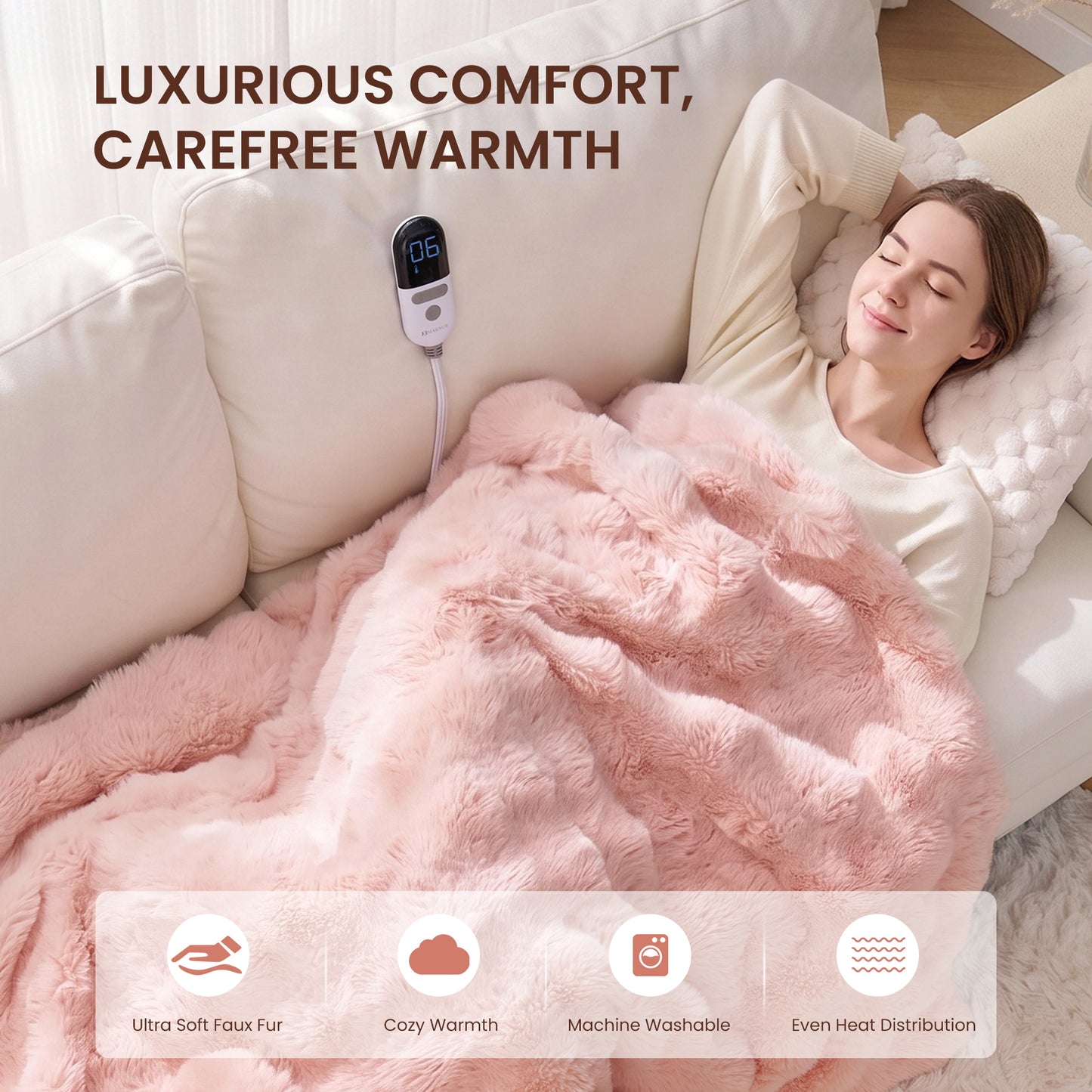 MARNUR Electric Throw Blanket 50"x60", Faux Fur Heated Throw, 6 Heating Levels, 4 Hours Timer - Pink