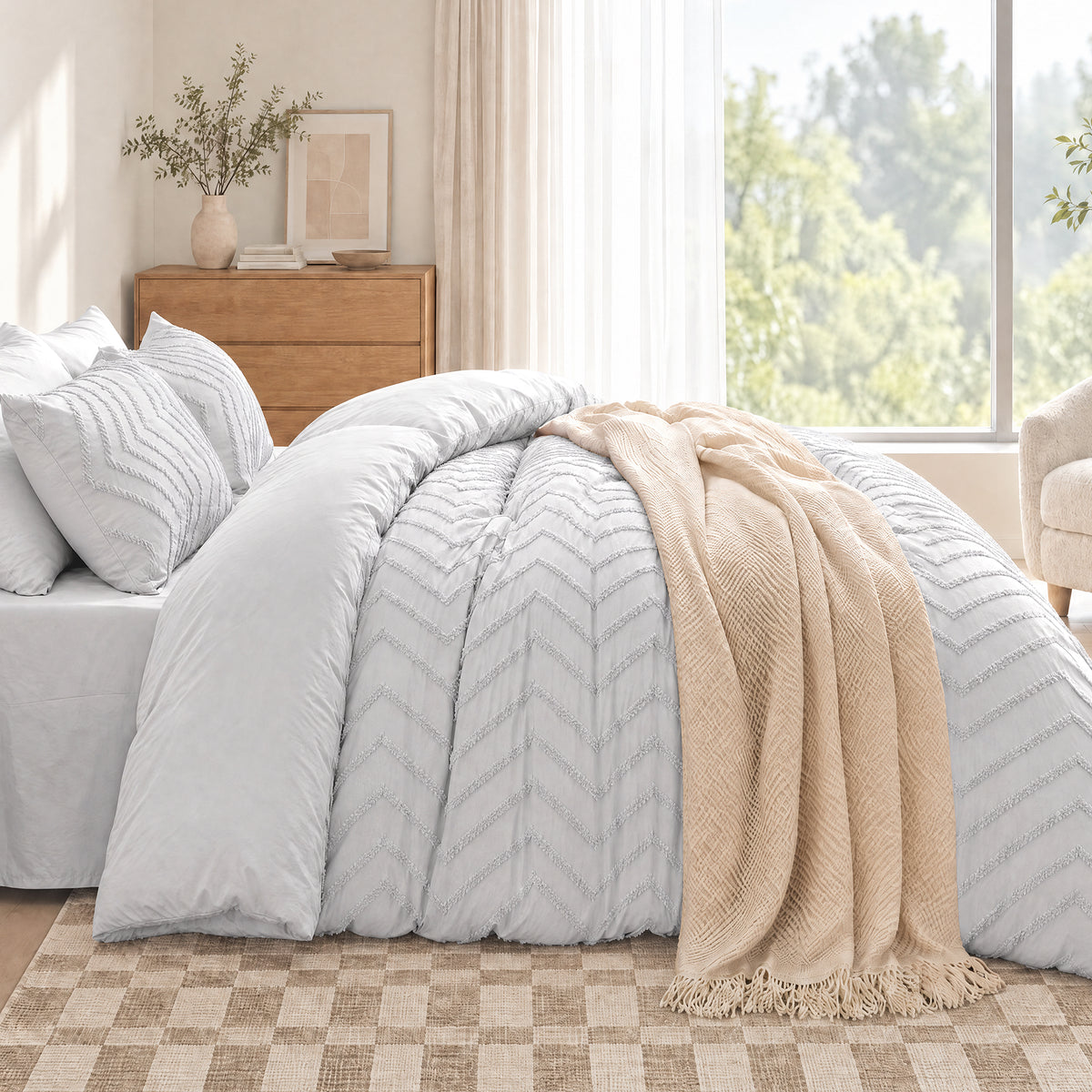 MARNUR Twin XL Comforter Set, 7 Pieces Boho Tufted Bed in a Bag, All-Season Prewashed Soft Bedding Set with Comforter, Sheets, Pillowcases & Shams, Silver Grey
