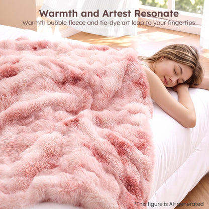 MARNUR Heated Blanket Bubble Fleece Electric Throw with 4H Timer 6 Heating Levels 50"×60", Long Faux Fur and Soft Flannel for Couch Bed, Machine Washable, Tie-Dye Pink