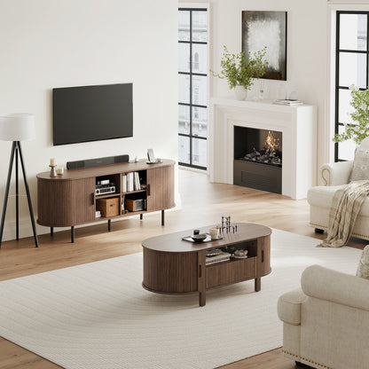 MARNUR 55" TV Stand for 60" TV, Wood Entertainment Center with Storage and Shelves, 2 Sliding Tambour Doors, Mid-Century Modern