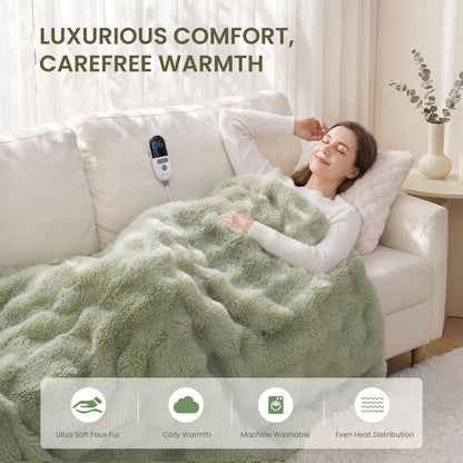 MARNUR Electric Throw Blanket 50"x60", Faux Fur Heated Throw, 6 Heating Levels, 4 Hours Timer - Green
