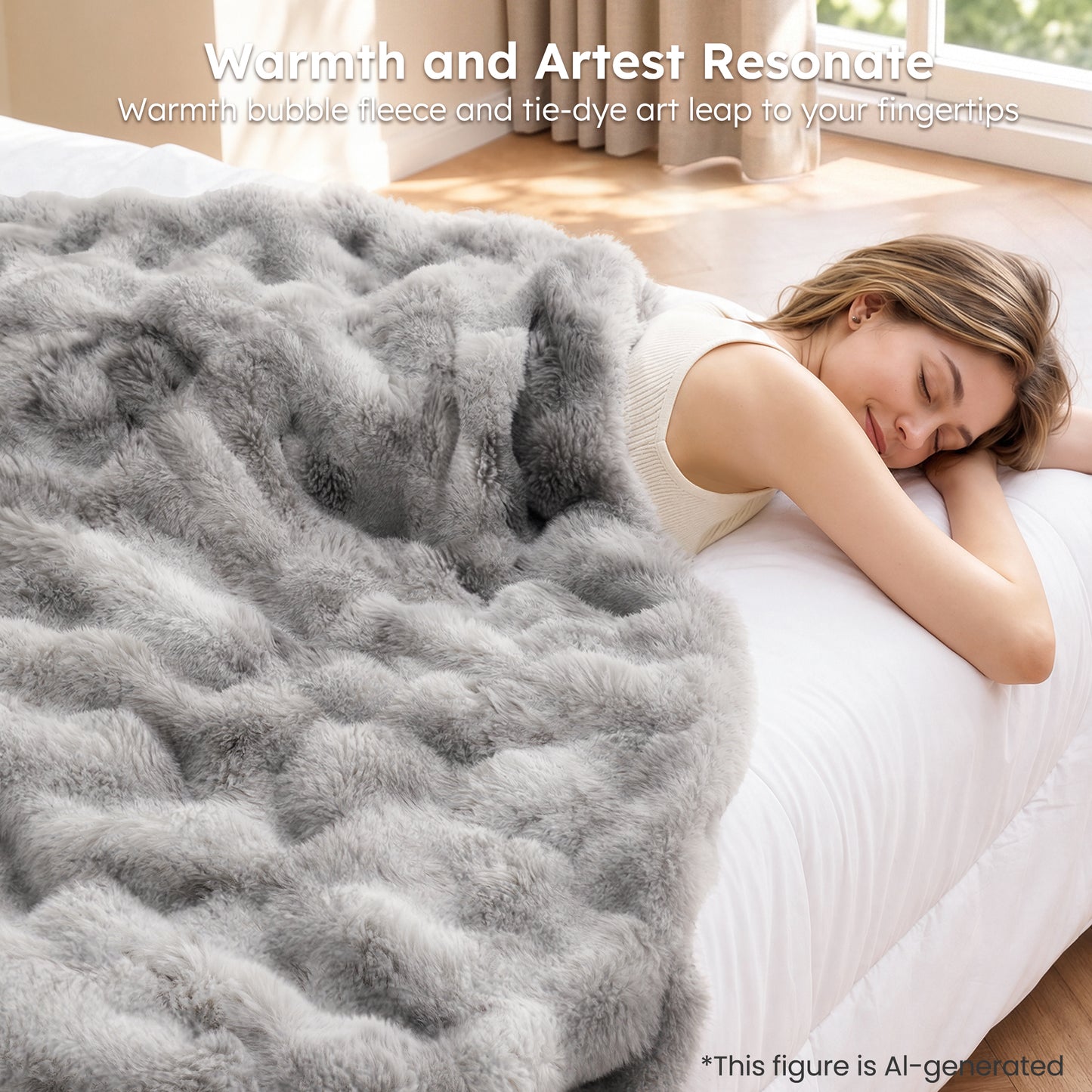 MARNUR Heated Bubble Fleece Electric Throw with 4H Timer 6 Heating Levels 50"×60", Long Faux Fur and Soft Flannel for Couch Bed, Machine Washable, Tie-Dye Gray