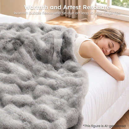 MARNUR Heated Bubble Fleece Electric Throw with 4H Timer 6 Heating Levels 50"×60", Long Faux Fur and Soft Flannel for Couch Bed, Machine Washable, Tie-Dye Gray
