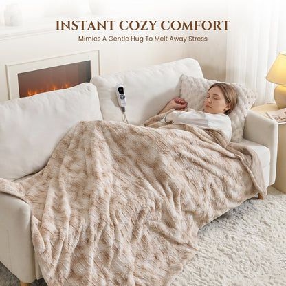 MARNUR Heated Blanket Electric Throw Extra Large Size 50"x72", Soft Faux Fur Heated Throw with 6 Heating Levels 4 Hours Timer Machine Washable, Khaki