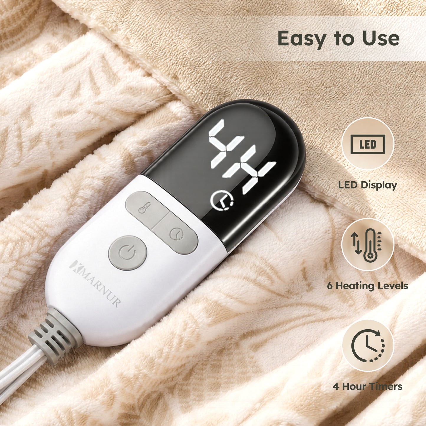 MARUNR Flannel Heated Blanket Electric Throw 50"×60", Irregular Leaf Pattern Heated Throw, 6 Heating Levels and 4H Timer, Machine Washable for Sofa, Office, Home Use, Beige