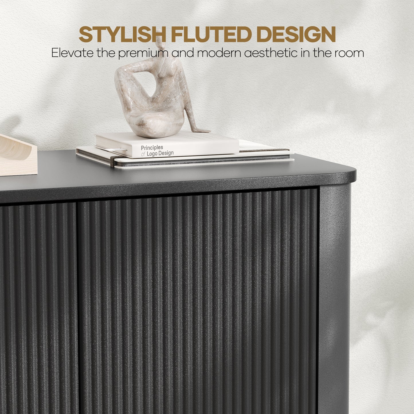 MARNUR Sideboard Buffet Cabinet, Storage Cabinet 55"W with Adjustable Shelves, Anti-Tip, Easy Clean Top, Stylish Wave Style, Black