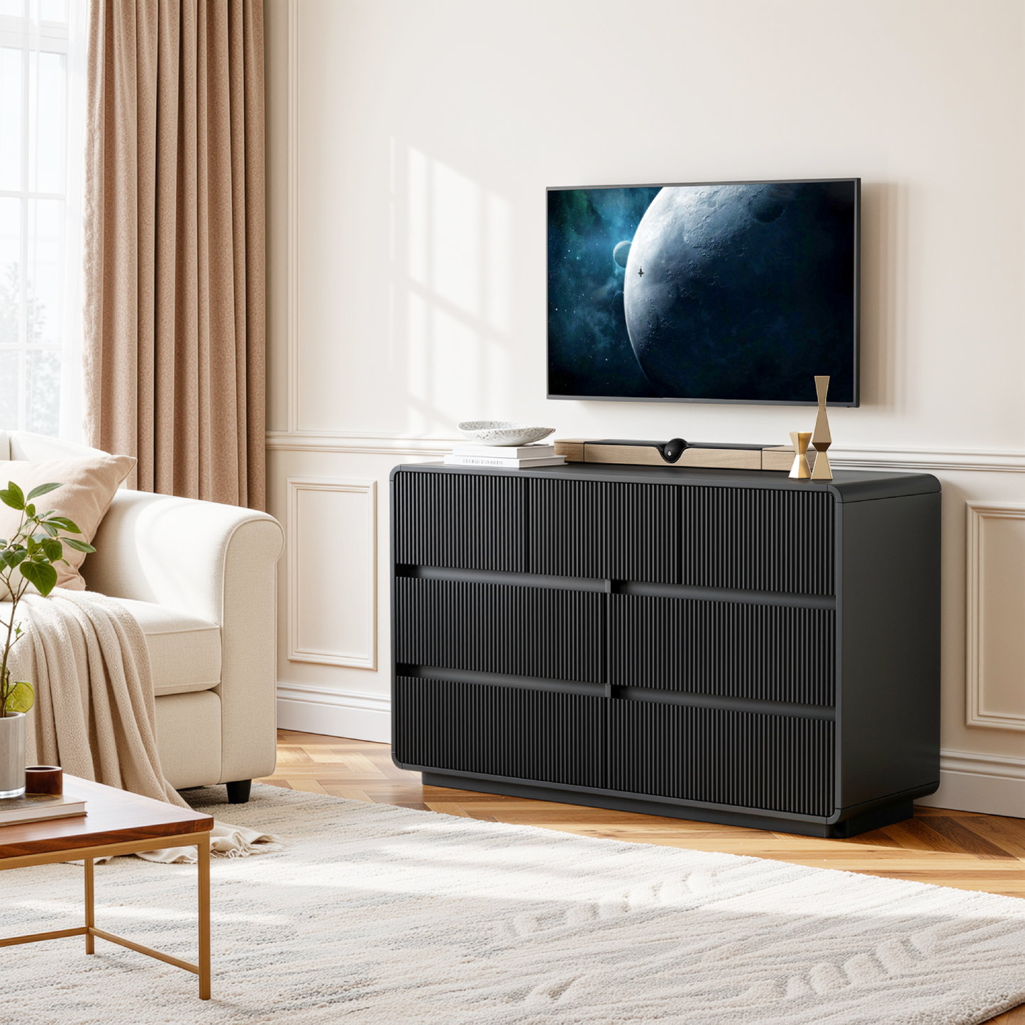 MARNUR 7 Drawer Dresser for Bedroom, Wooden Chest of Drawers for Closet, with Wide Top, Smooth Glides, for Living Room, Hallway, Kids Room, Black