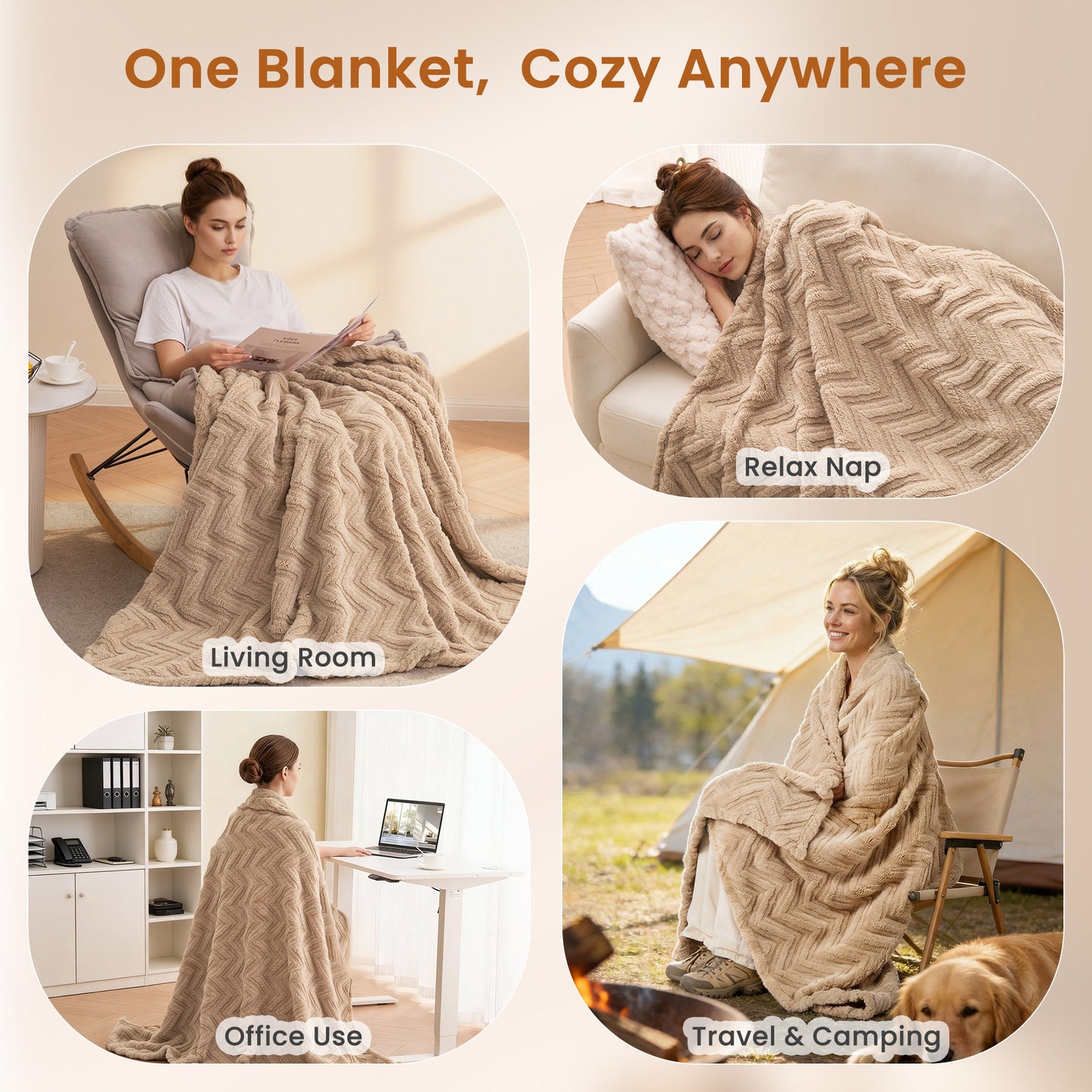MARNUR Extra Large Throw Blanket 50"x 70", Soft Lightweight Jacquard 340GSM Sherpa Fleece Blanket, Cozy Throw Blanket for Couch, Office, Car, Travel, Light Brown