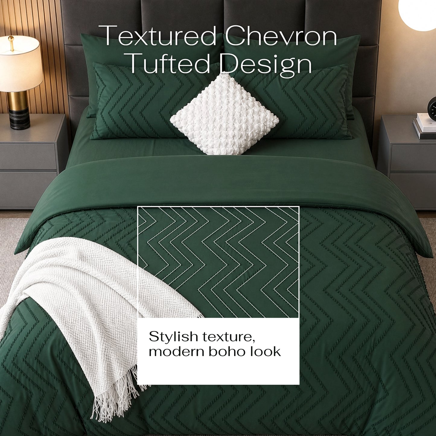 MARNUR Comforter Set Queen Size, 7 Pieces Boho Tufted Bed in a Bag Prewashed Cotton-Like Soft Bedding Set with Comforter, Sheets, Pillowcases & Shams, Emerald Green