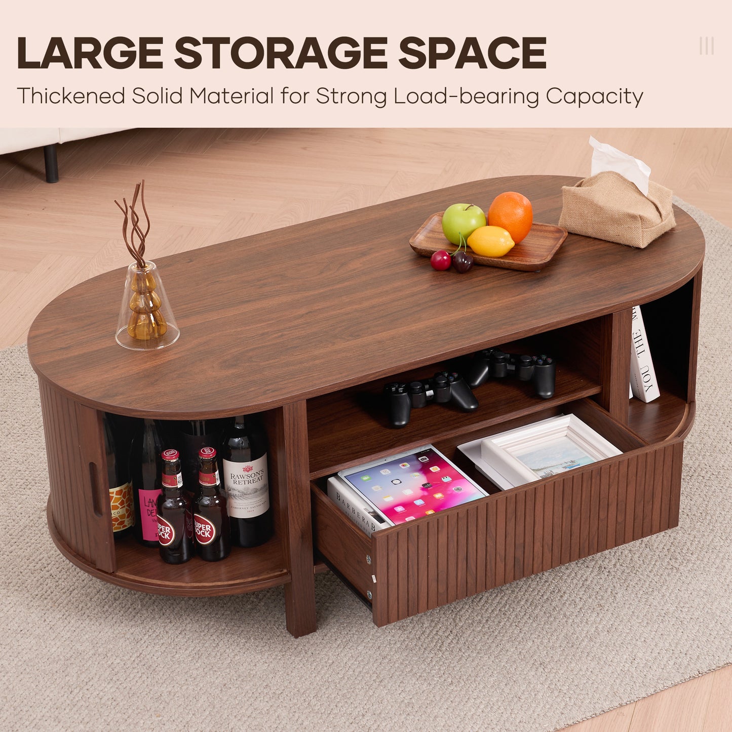 MARNUR Coffee Table with Storage and Tambour Sliding Door, Mid Century Modern Center Table with Drawer for Living Room, Walnut