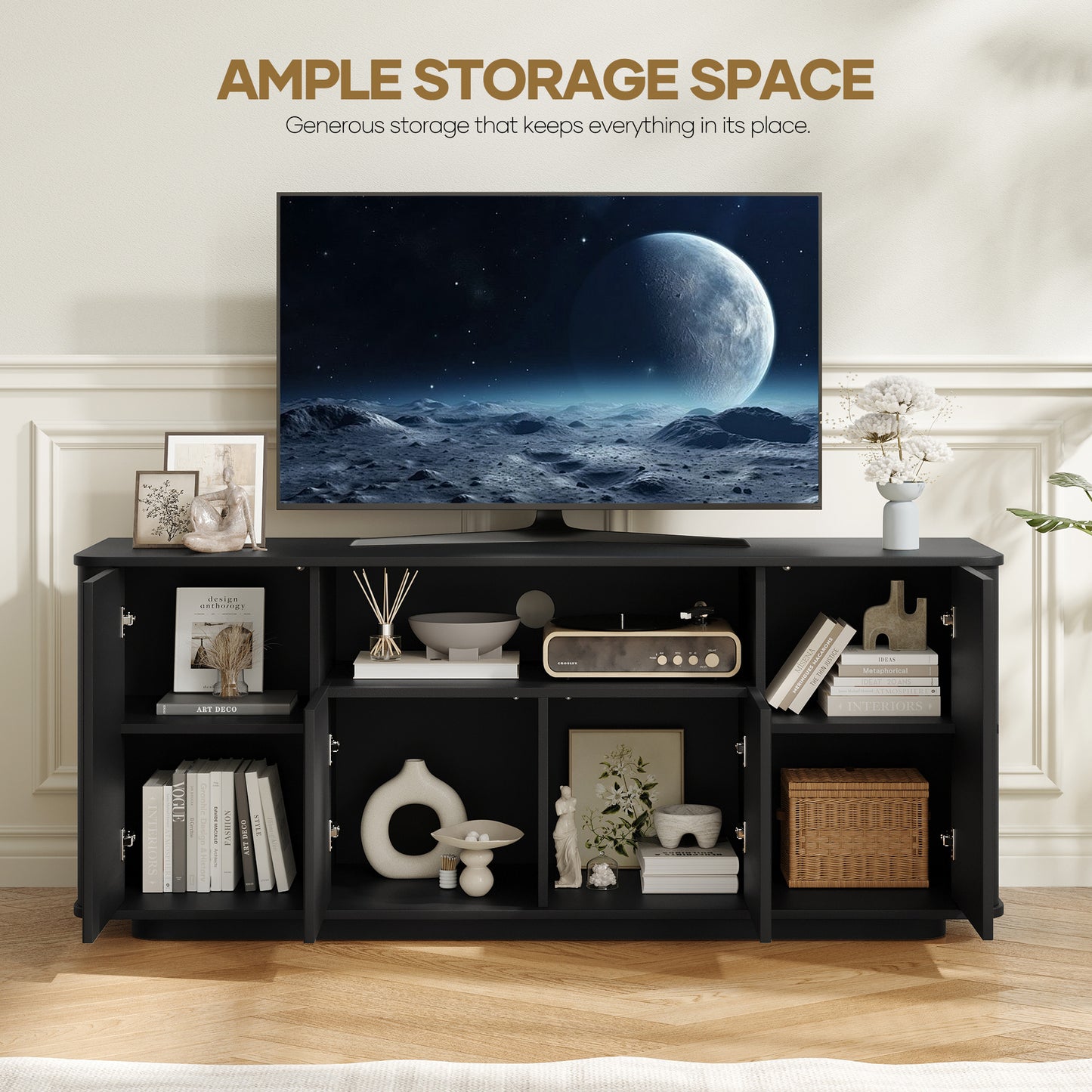 MARNUR Fluted TV Stand for TVs up to 65", 55" Modern Media Console with 3-Sided Fluted Design, Push-to-Open Doors for Living Room, Black