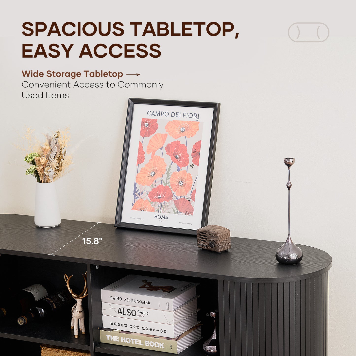 MARNUR TV Stand for TVs up to 60" with 2 Sliding Tambour Doors, Storage and Shelves, Black