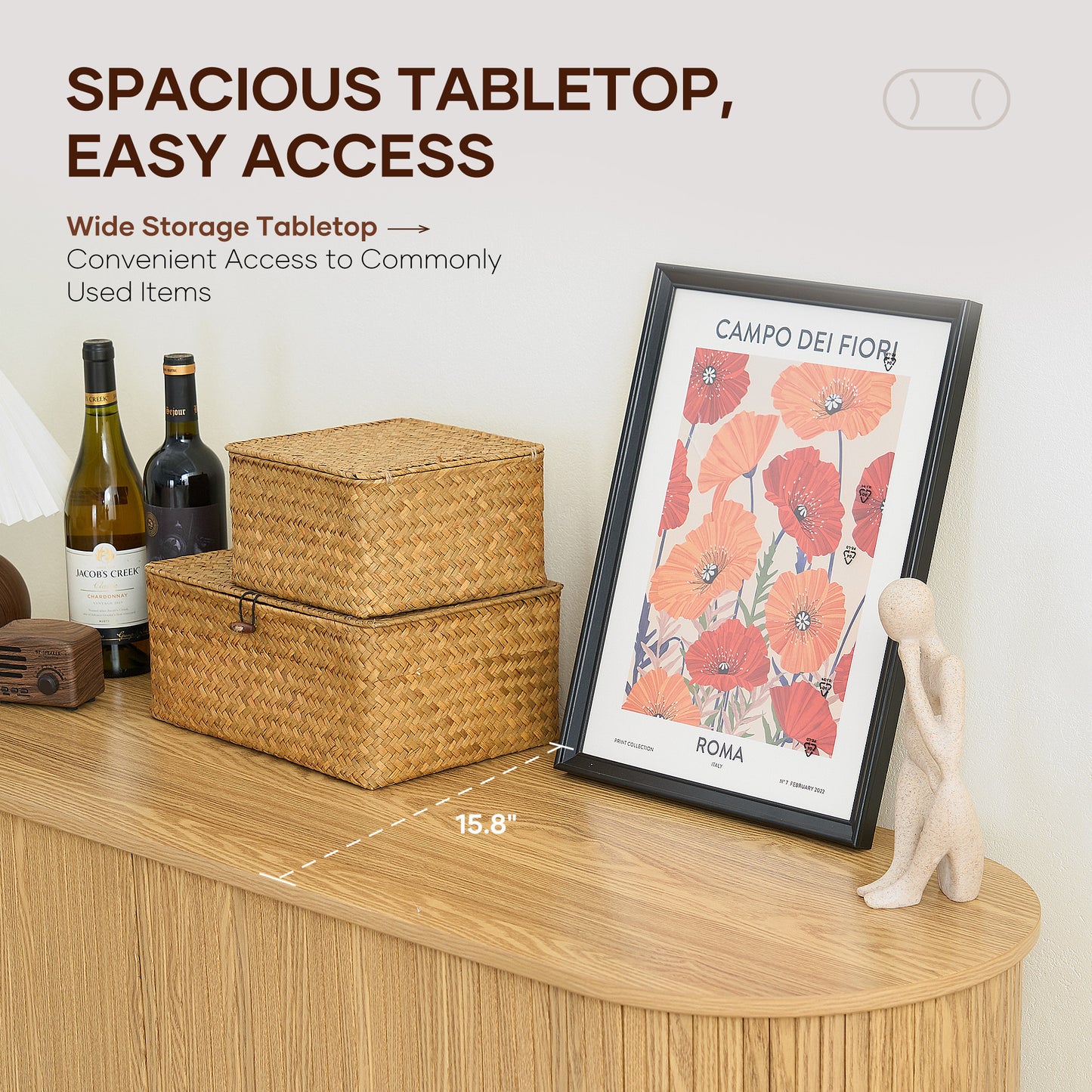 MARNUR TV Stand for TVs up to 60" with 2 Sliding Tambour Doors, Storage and Shelves, Oak