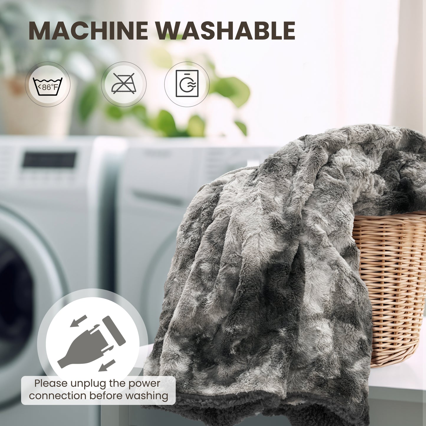 MARNUR Heated Blanket 72"x84" Faux Fur & Sherpa Electric Blanket with 6 Heat Levels, 10H Timer, LED Display, Machine Washable, Tie-Dye Gray
