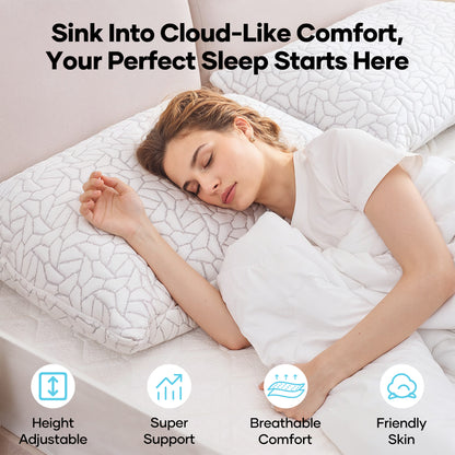 MARNUR Memory Foam Pillows for bed Queen Size, Height Adjustable Cooling Pillows for All Sleepers with Extra Shredded Foam, Dual-Sided Pillow Cover,2-Pack