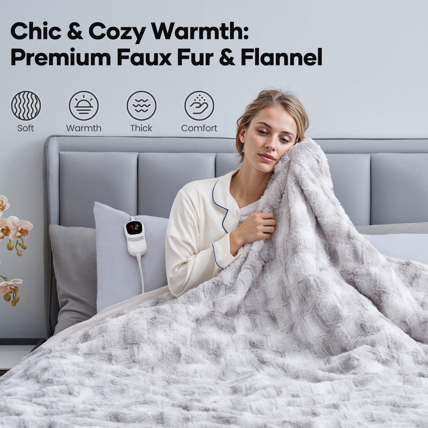 MARNUR Electric Heated Blanket Full Size, Faux Fur,10 Heating Levels, 10 Hours Timer, Machine Washable, 72"x84", Gray