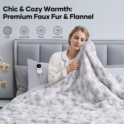 MARNUR Electric Heated Blanket Full Size, Faux Fur,10 Heating Levels, 10 Hours Timer, Machine Washable, 72"x84", Gray