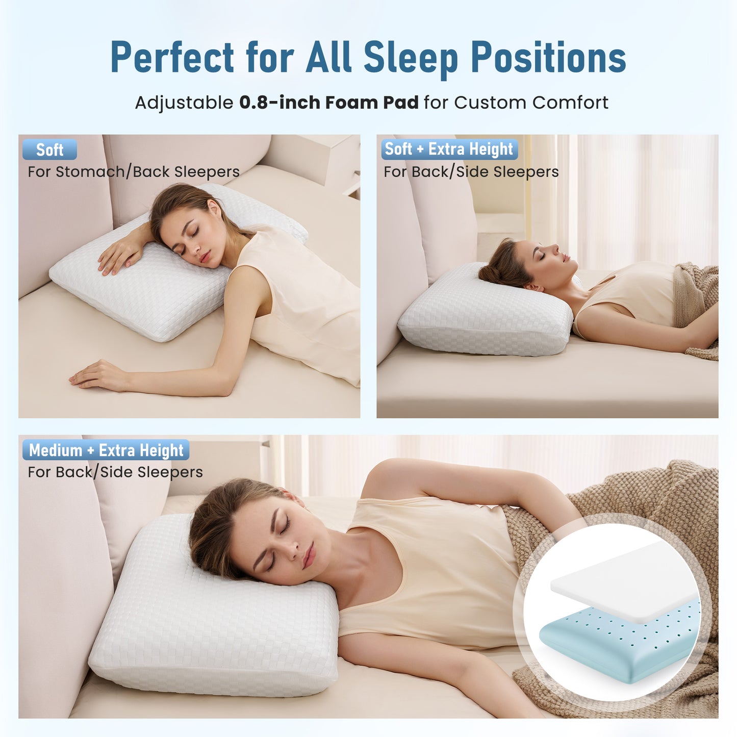 MARNUR Adjustable Memory Foam Pillow for Bed, Cooling Pillow with Extra Height Pad, Dual-Sided Pillowcase for Side, Back & Stomach Sleepers, 27.5" x 15.7"