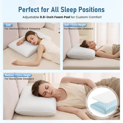 MARNUR Adjustable Memory Foam Pillow for Bed, Cooling Pillow with Extra Height Pad, Dual-Sided Pillowcase for Side, Back & Stomach Sleepers, 27.5" x 15.7"