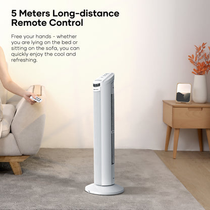 30in Tower Fan with Remote, 3 Speeds and Modes, Oscillating, Timer, White