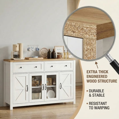 MARNUR Buffet Cabinet Farmhouse Style, 55" Storage Cabinet with 2 Drawers 4 Doors, Adjustable Shelves for Kitchen Office Bedroom Hallway Entryway, Oak & White