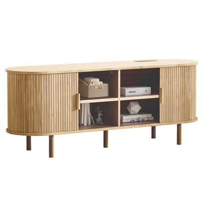 MARNUR 63" TV Stand for 70" TV, Wood Entertainment Center with Storage and Shelves, 2 Sliding Tambour Doors, Mid-Century Modern, Oak