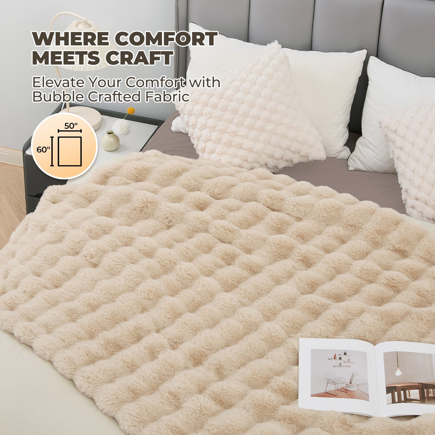 MARNUR Electric Heated Throw 50"x60", Big Bubble Faux Fur, Light Brown