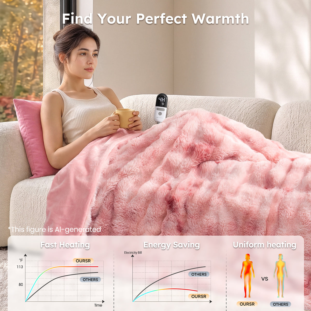 MARNUR Heated Blanket Bubble Fleece Electric Throw with 4H Timer 6 Heating Levels 50"×60", Long Faux Fur and Soft Flannel for Couch Bed, Machine Washable, Tie-Dye Pink