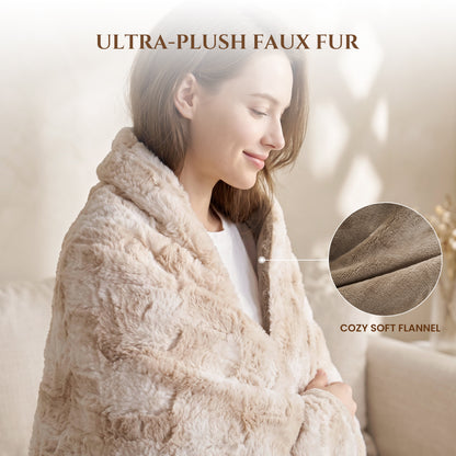 MARNUR Heated Blanket Electric Throw Extra Large Size 50"x72", Soft Faux Fur Heated Throw with 6 Heating Levels 4 Hours Timer Machine Washable, Khaki