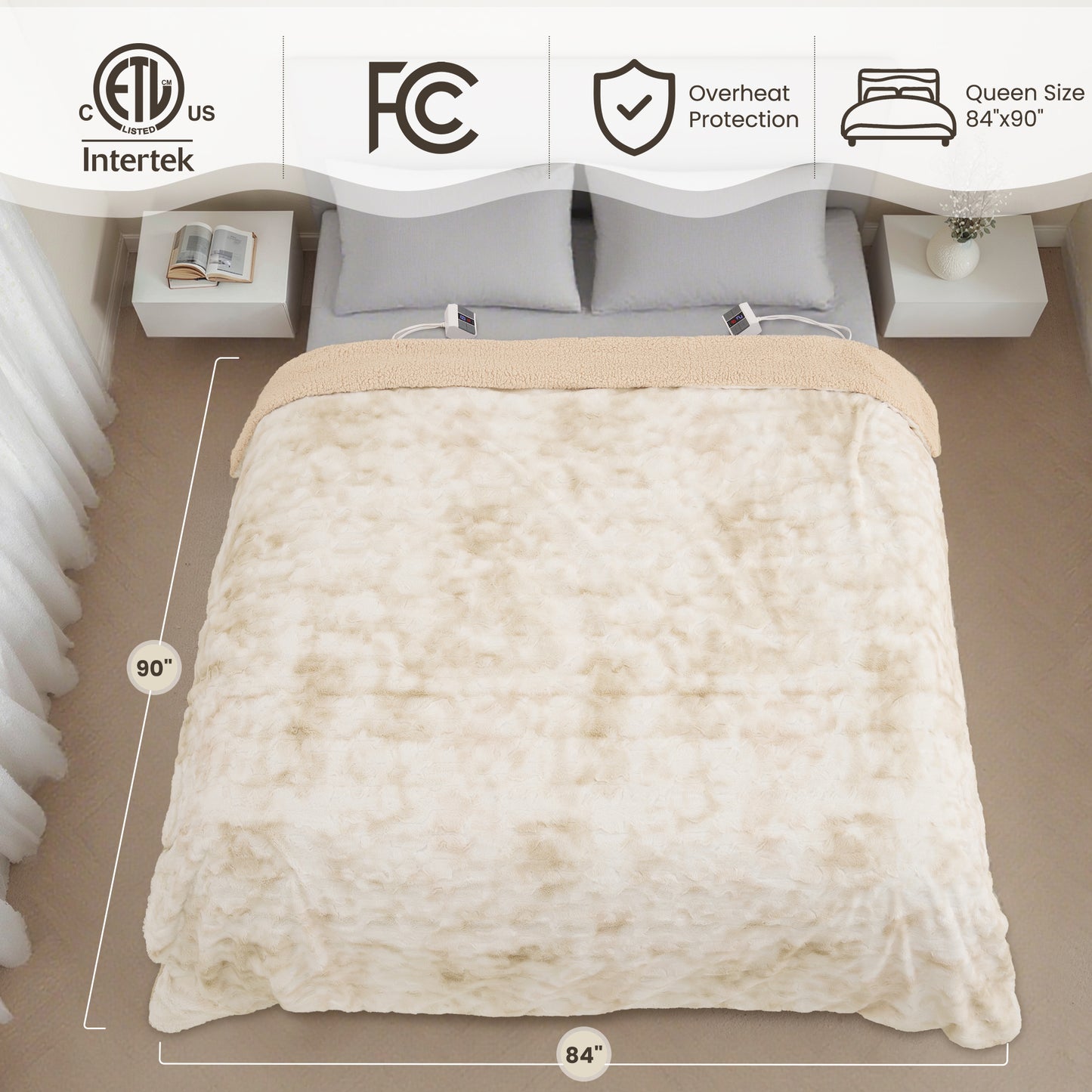 MARNUR Heated Blanket Queen Size, Faux Fur & Sherpa, Dual Controllers, 10 Heat Levels, 10H Timer, 84" x 90", Tie-Dye Off White