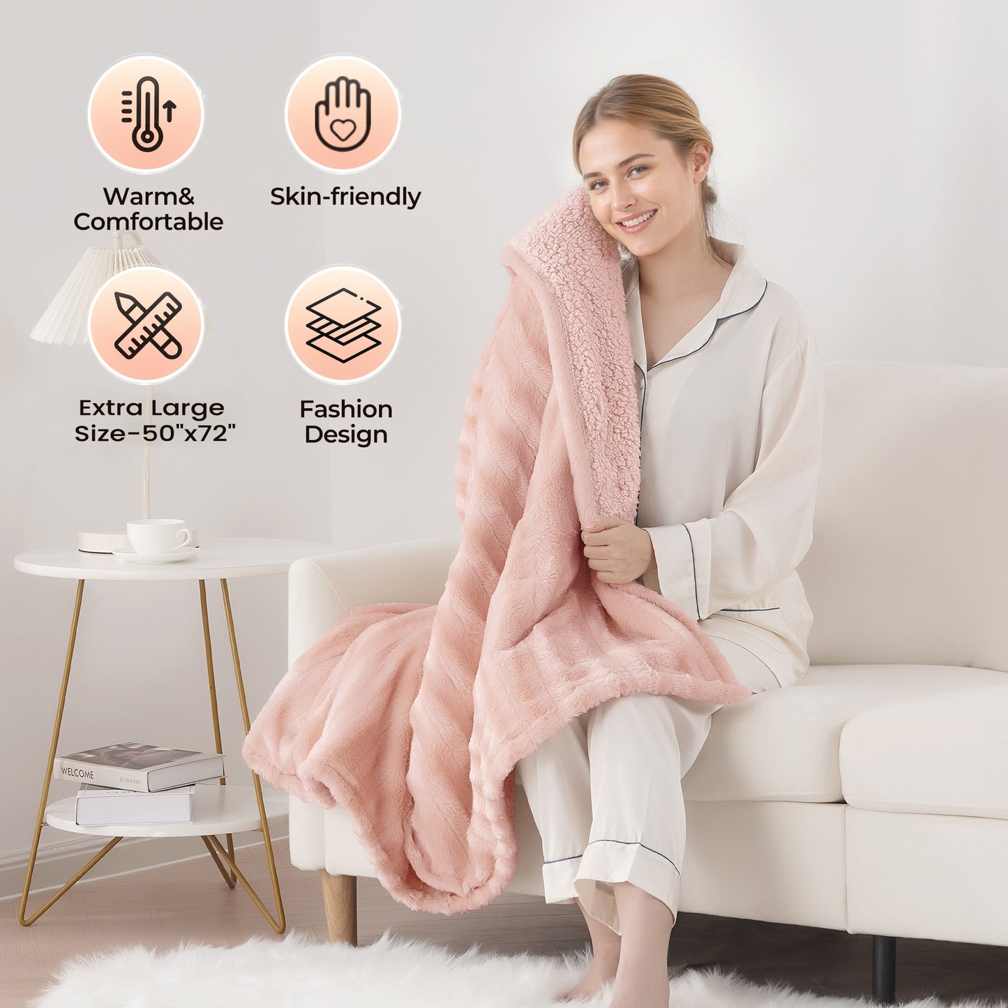 MARNUR Electric Throw Blanket Extra Large Size, 50" x 72" Soft Faux Fur Heated Throw Blanket, 6 Heating Levels, 4 Hours Timer - Pink