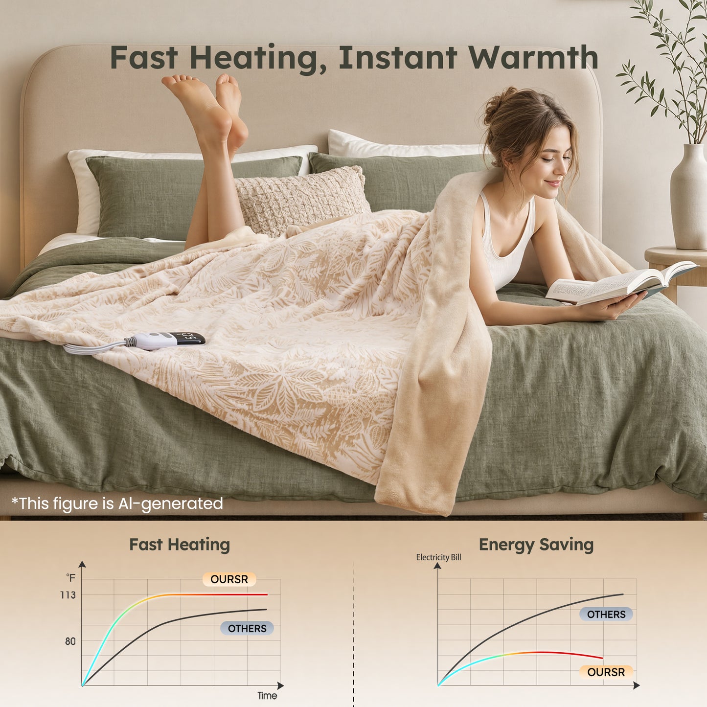 MARUNR Flannel Heated Blanket Electric Throw 50"×60", Irregular Leaf Pattern Heated Throw, 6 Heating Levels and 4H Timer, Machine Washable for Sofa, Office, Home Use, Beige