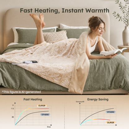 MARUNR Flannel Heated Blanket Electric Throw 50"×60", Irregular Leaf Pattern Heated Throw, 6 Heating Levels and 4H Timer, Machine Washable for Sofa, Office, Home Use, Beige