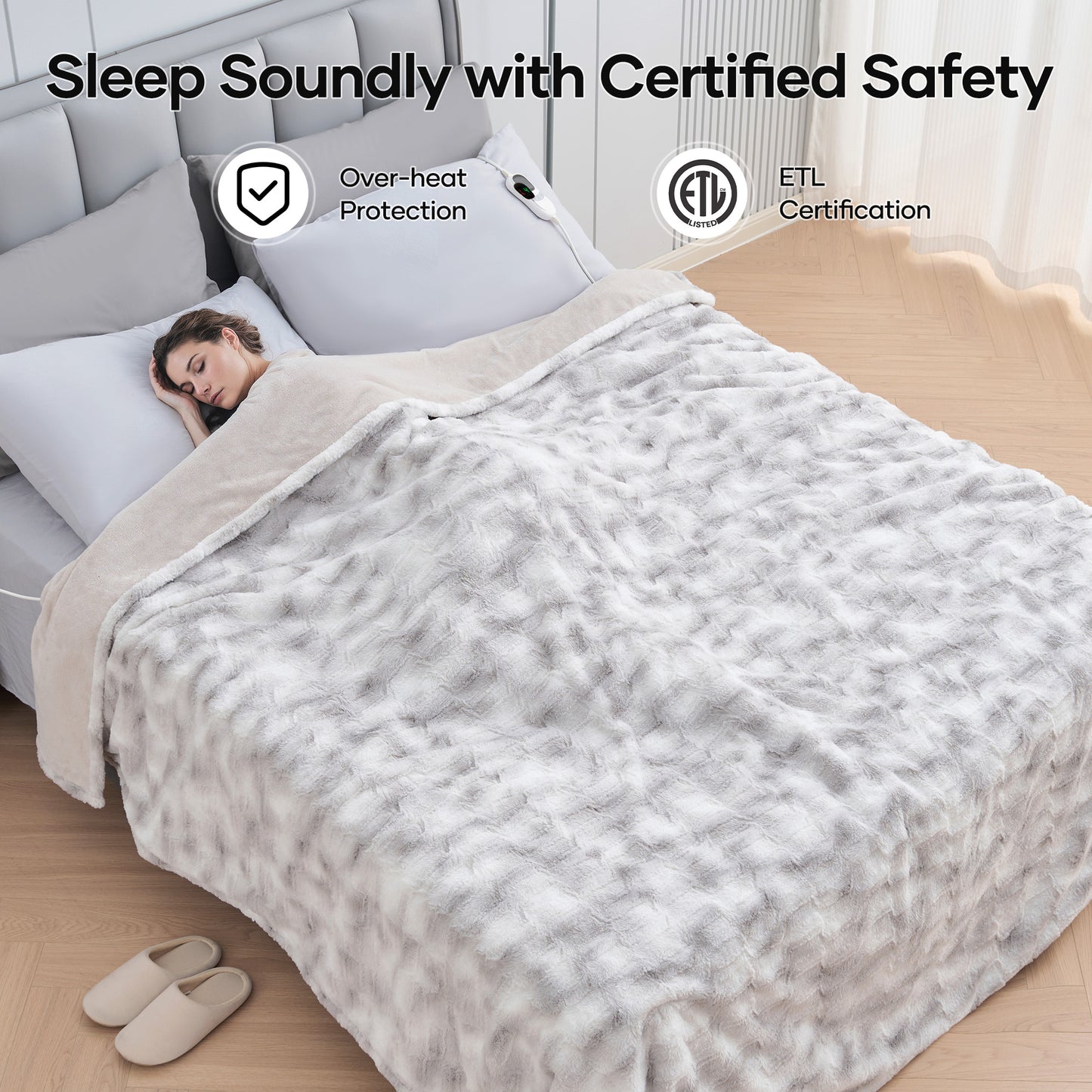 MARNUR Electric Blanket Faux Fur Queen Size 84"x90", Fast Heating with Dual Controllers,10 Heating Levels, 10 Hours Timer, Gray