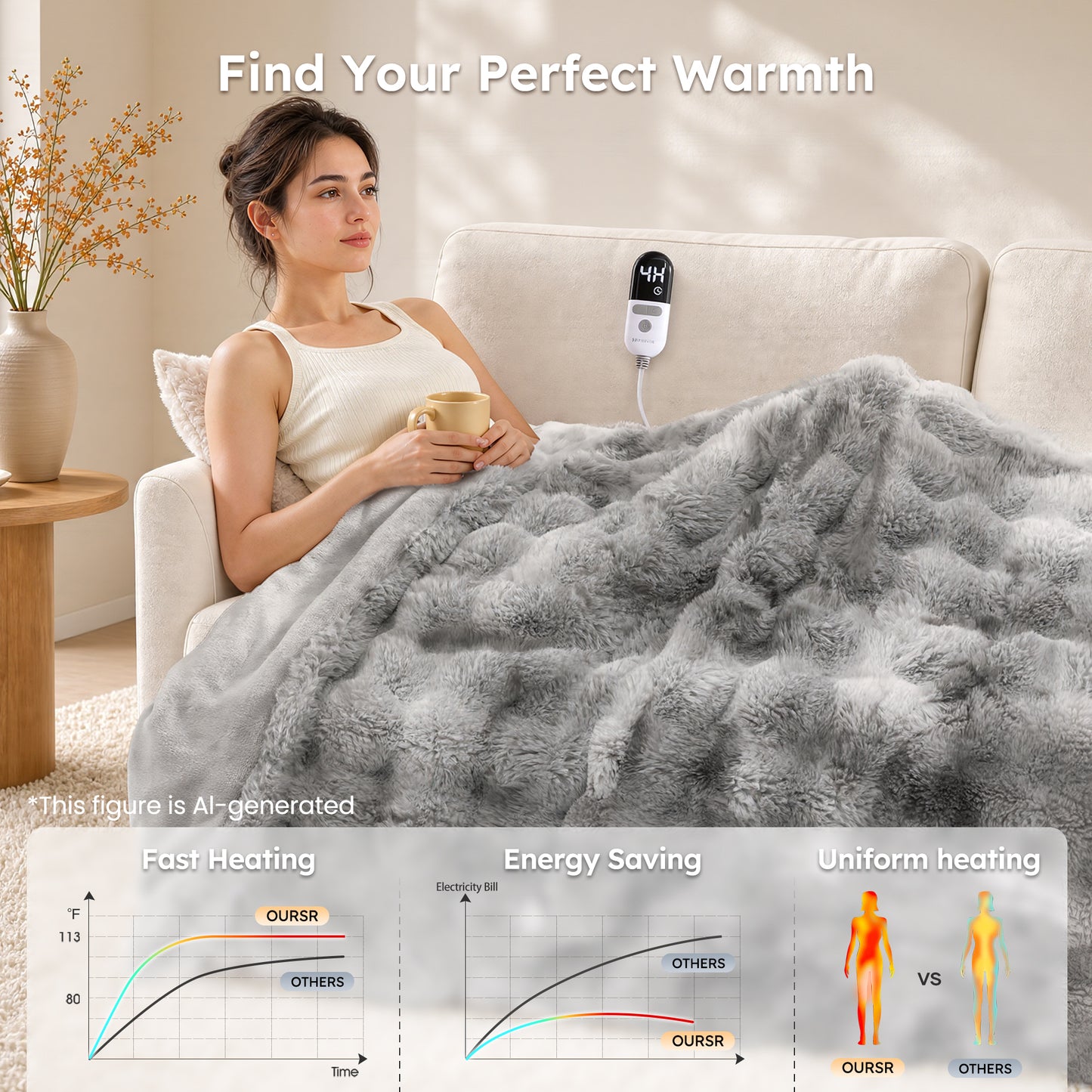 MARNUR Heated Bubble Fleece Electric Throw with 4H Timer 6 Heating Levels 50"×60", Long Faux Fur and Soft Flannel for Couch Bed, Machine Washable, Tie-Dye Gray