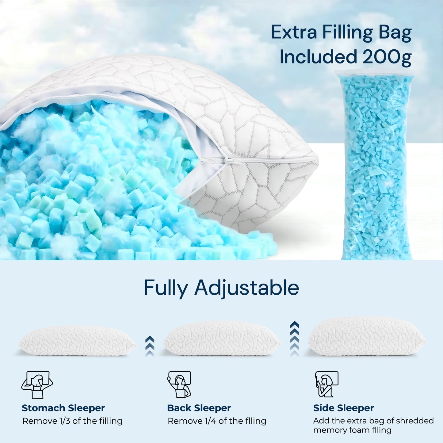MARNUR Cooling Shredded Memory Foam Pillow Queen Set of 2, Adjustable Bamboo Shredded Pillow for Side, Back & Hot Sleepers