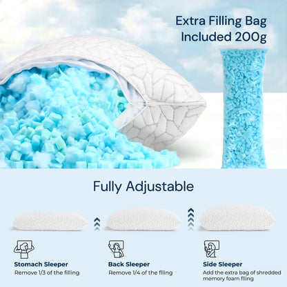 MARNUR Cooling Shredded Memory Foam Pillow Queen Set of 2, Adjustable Bamboo Shredded Pillow for Side, Back & Hot Sleepers
