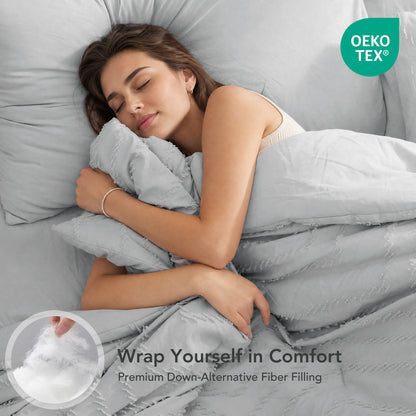 MARNUR Comforter Set Full Size, 7 Pieces Boho Tufted Bed in a Bag Prewashed Cotton-Like Soft Bedding Set with Comforter, Sheets, Pillowcases & Shams, Silver Grey